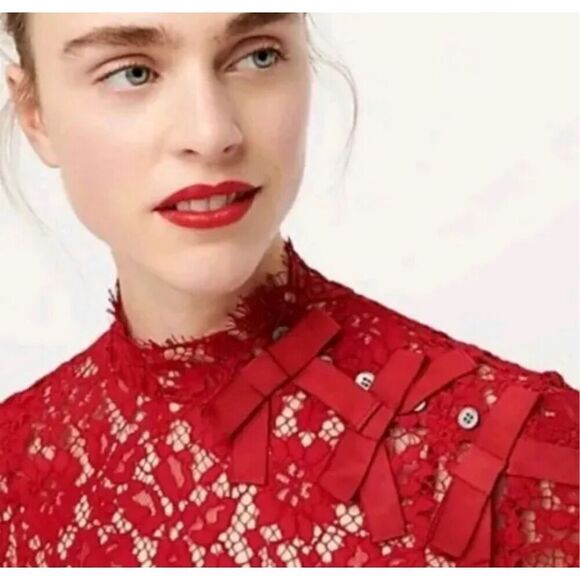 J. Crew Red Mockneck Floral Lace Long Sleeve Blouse Eyelash Hem Women’s Size 4 - Picture 2 of 12